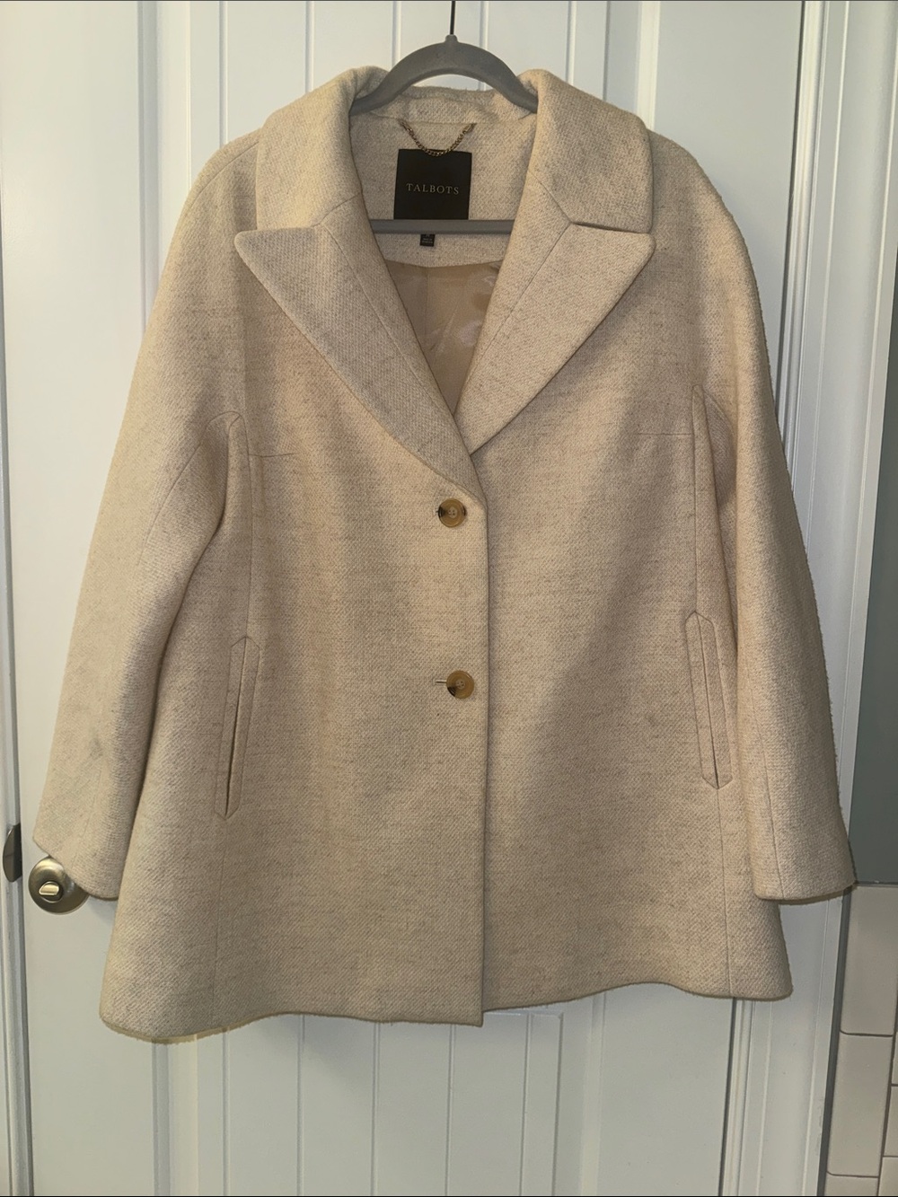 Talbots Cream Wool-Blend Pea Coat with Notched Collar